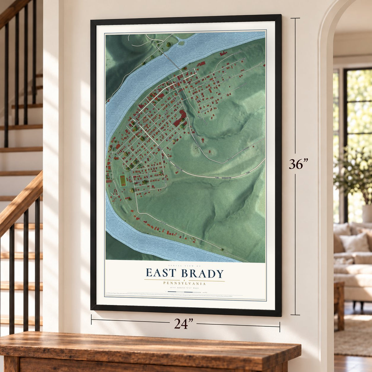 East Brady, Pennsylvania map, 24 x 36 inch print in a black frame by a staircase