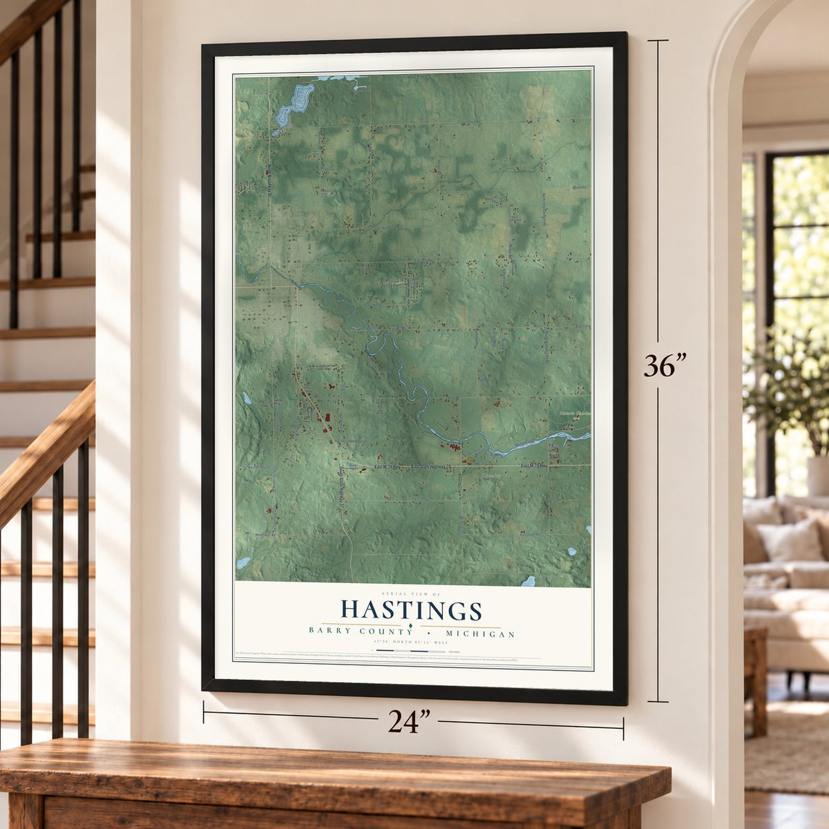 Hastings, Barry County, Michigan map, 24 x 36 inch print in a black frame by a staircase