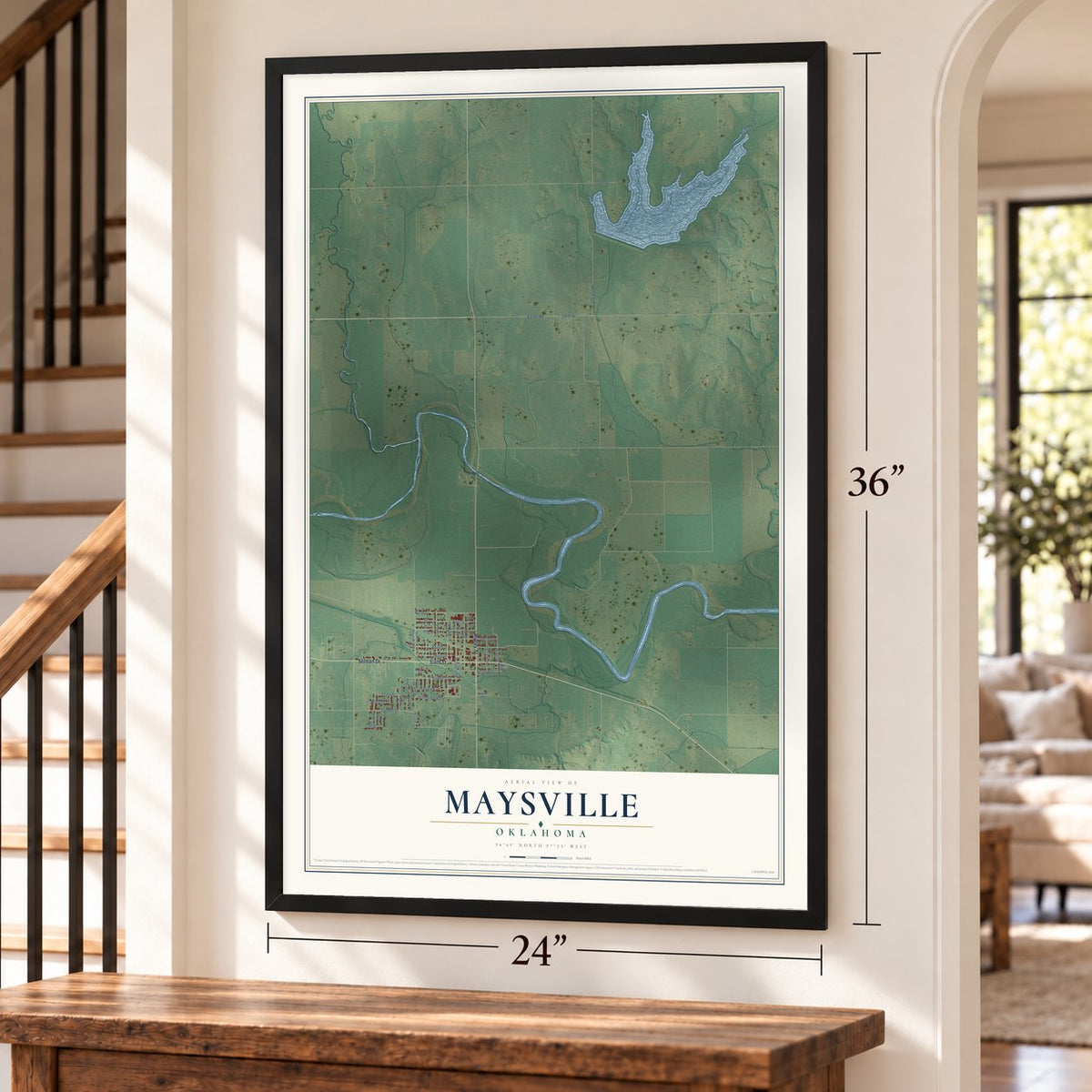 Maysville, Oklahoma map, 24 x 36 inch print in a black frame by a staircase