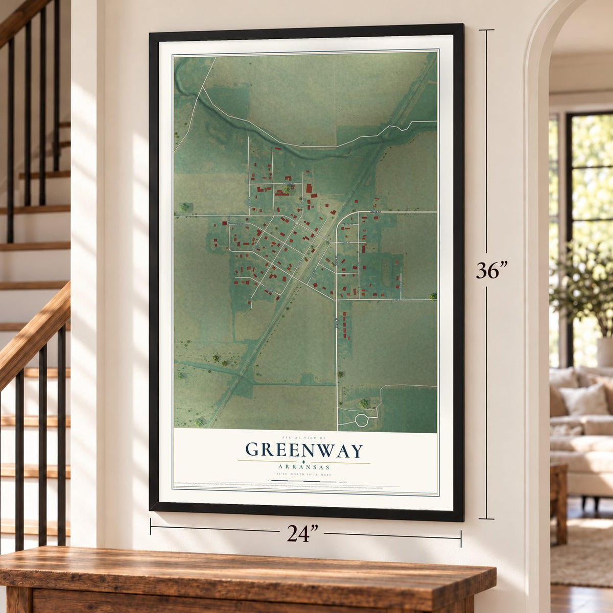 Greenway, Arkansas map, 24 x 36 inch print in a black frame by a staircase