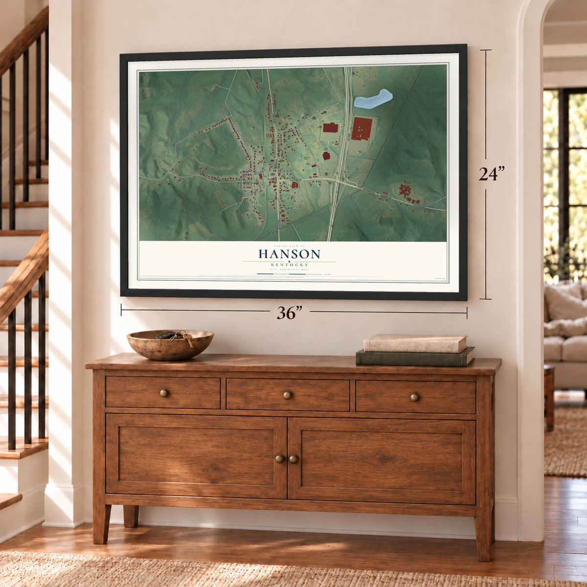 Hanson, Kentucky map, 24 x 36 inch print in a black frame above a dresser by a staircase