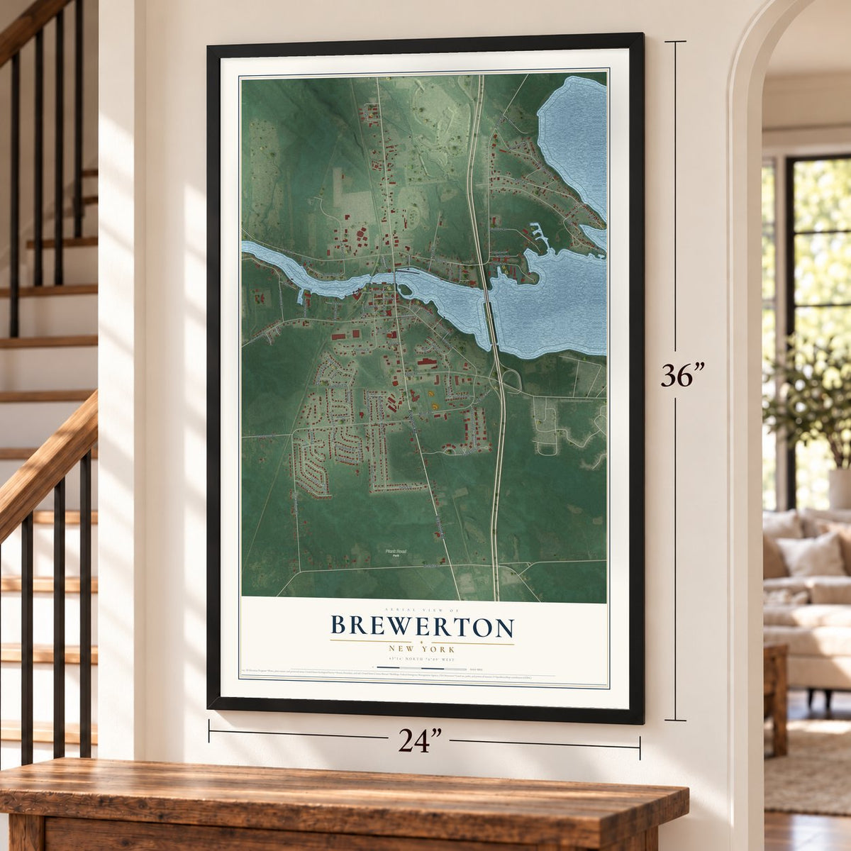 Brewerton, New York map, 24 x 36 inch print in a black frame by a staircase