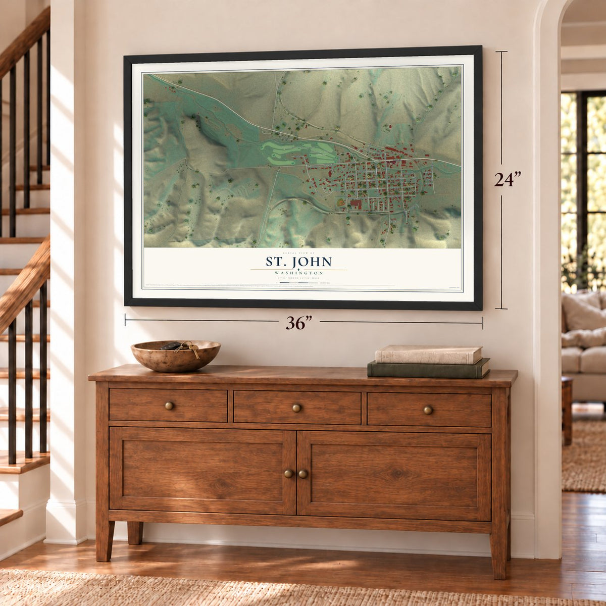 St. John, Washington map, 24 x 36 inch print in a black frame above a dresser by a staircase