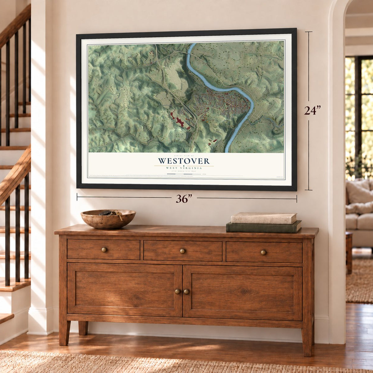 Westover, West Virginia map, 24 x 36 inch print in a black frame above a dresser by a staircase