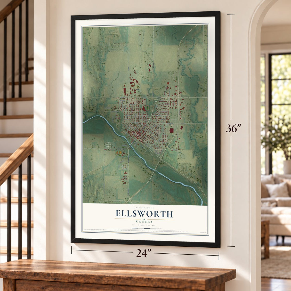 Ellsworth, Kansas map, 24 x 36 inch print in a black frame by a staircase