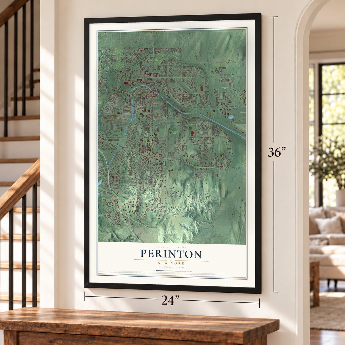 Perinton, New York map, 24 x 36 inch print in a black frame by a staircase