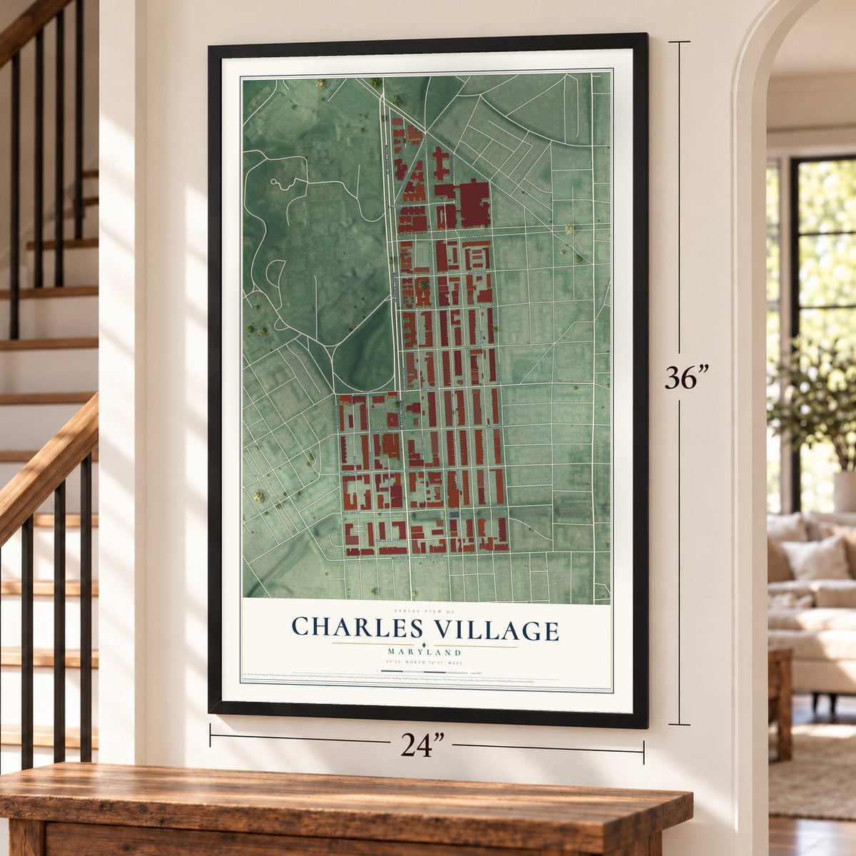 Charles Village, Maryland map, 24 x 36 inch print in a black frame by a staircase