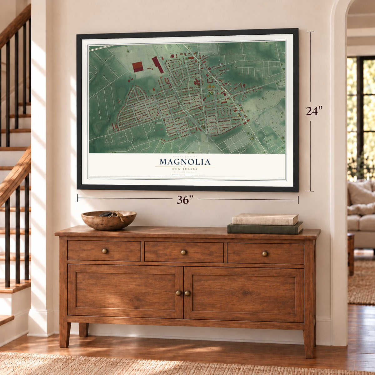Magnolia, New Jersey map, 24 x 36 inch print in a black frame above a dresser by a staircase