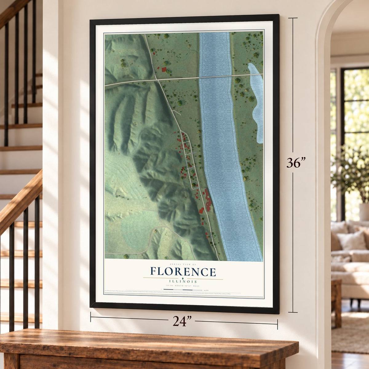 Florence, Illinois map, 24 x 36 inch print in a black frame by a staircase