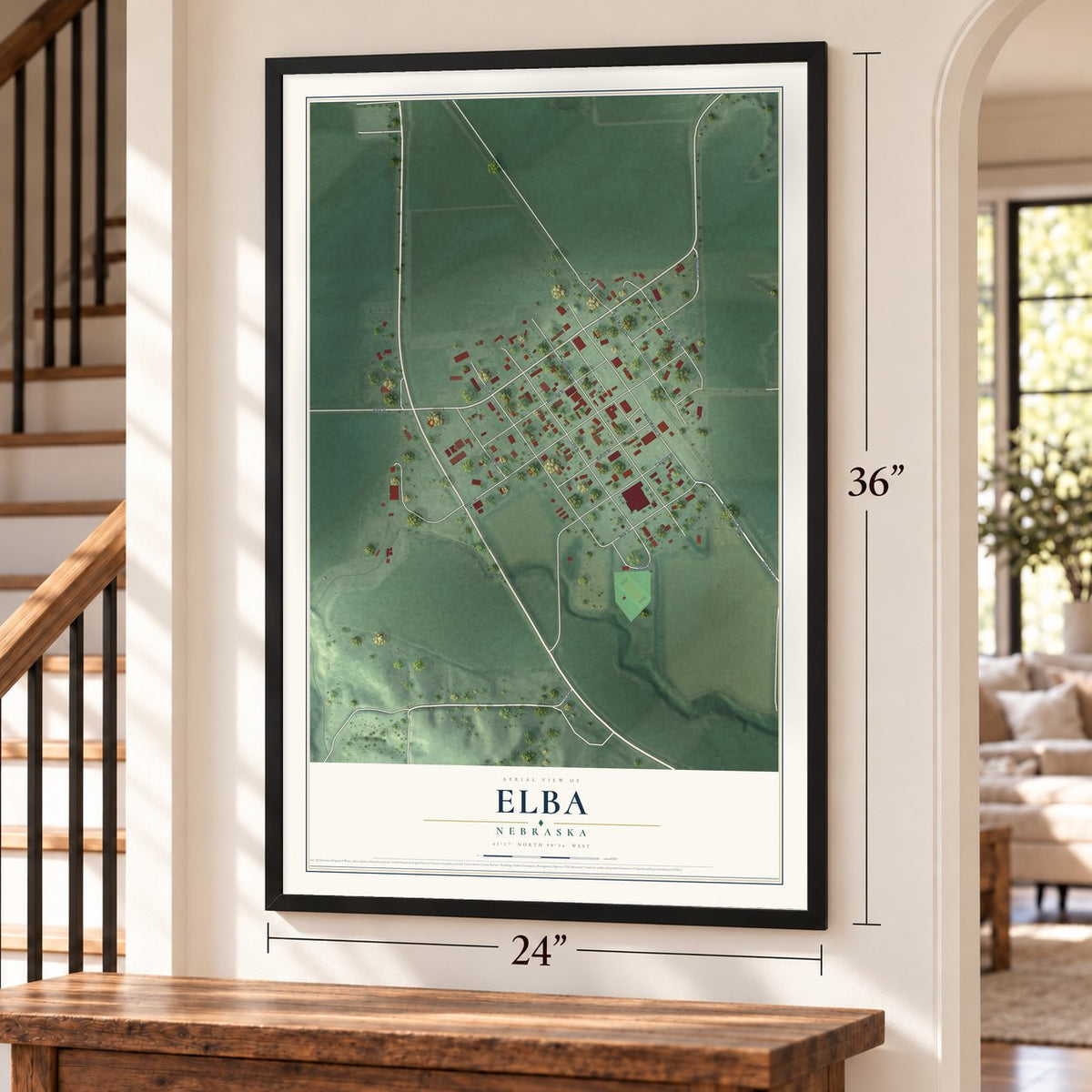 Elba, Nebraska map, 24 x 36 inch print in a black frame by a staircase