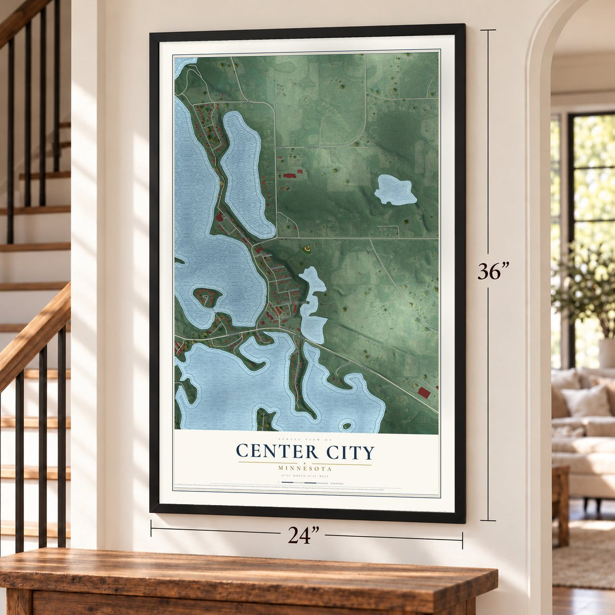Center City, Minnesota map, 24 x 36 inch print in a black frame by a staircase