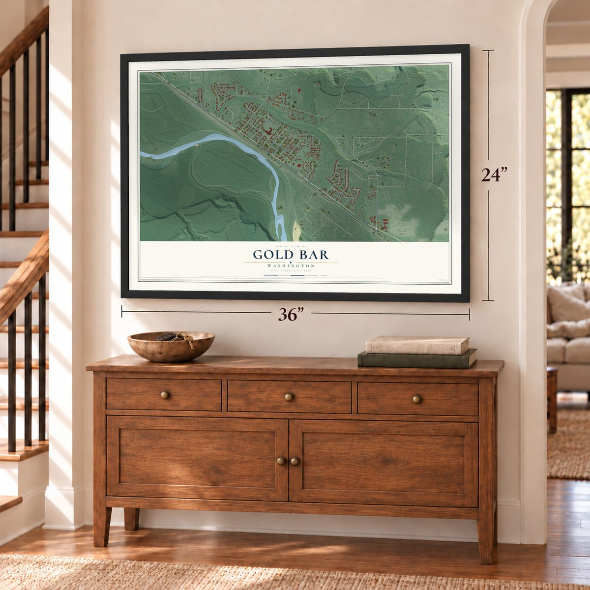 Gold Bar, Washington map, 24 x 36 inch print in a black frame above a dresser by a staircase
