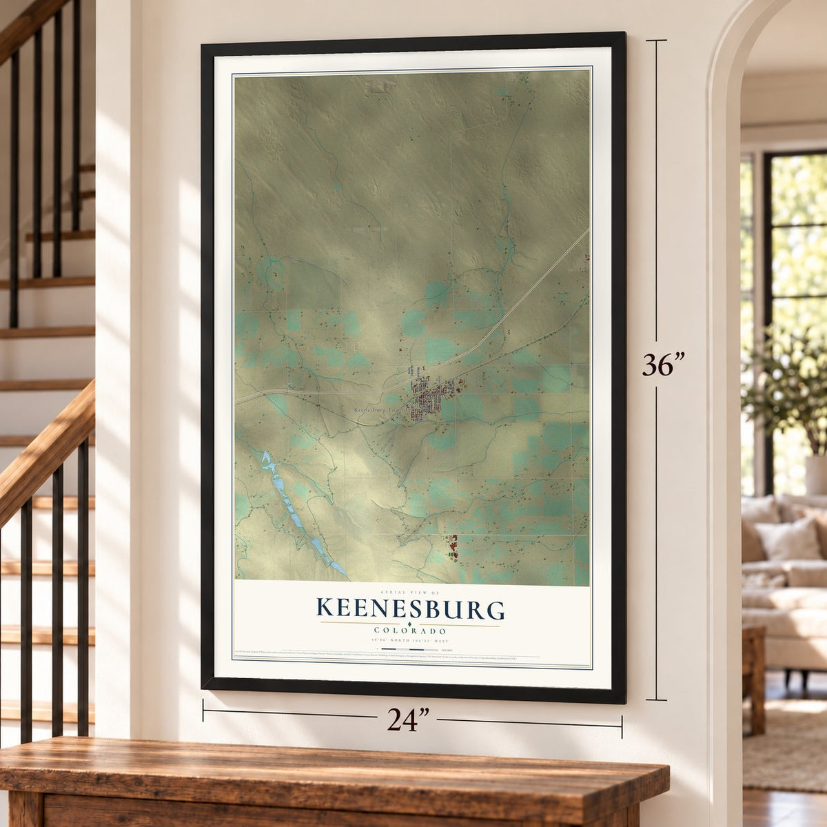 Keenesburg, Colorado map, 24 x 36 inch print in a black frame by a staircase