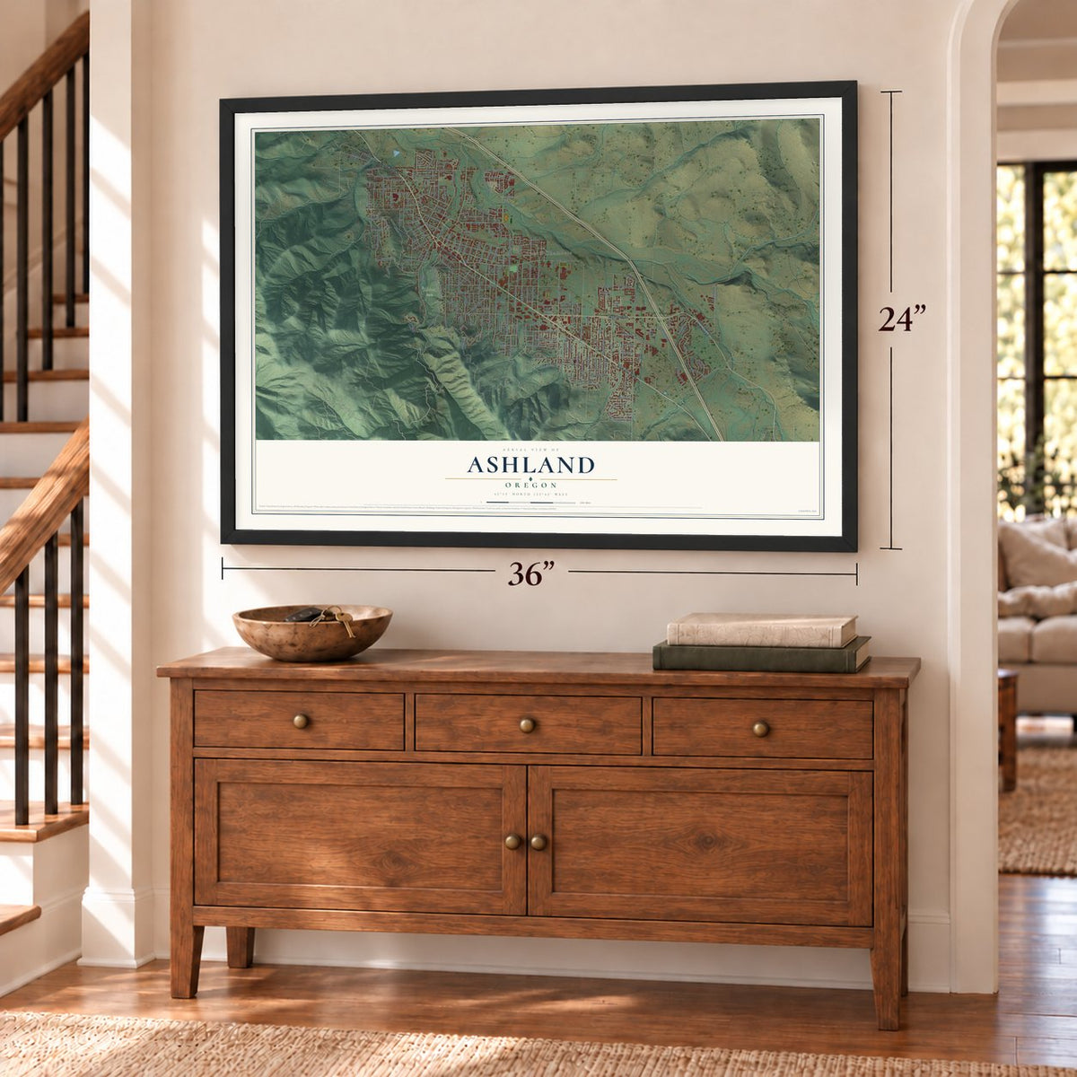 Ashland, Oregon map, 24 x 36 inch print in a black frame above a dresser by a staircase