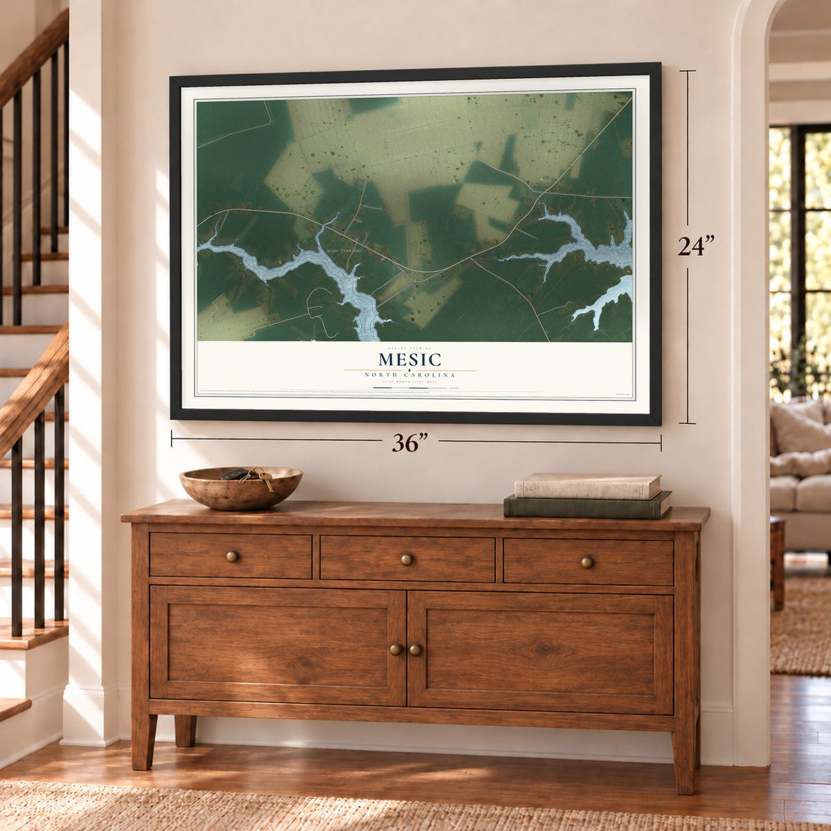 Mesic, North Carolina map, 24 x 36 inch print in a black frame above a dresser by a staircase