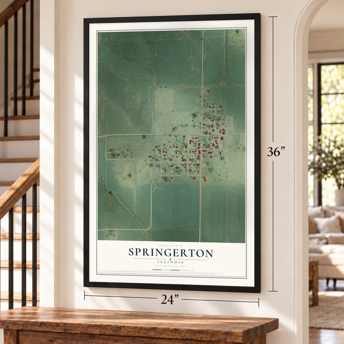 Springerton, Illinois map, 24 x 36 inch print in a black frame by a staircase