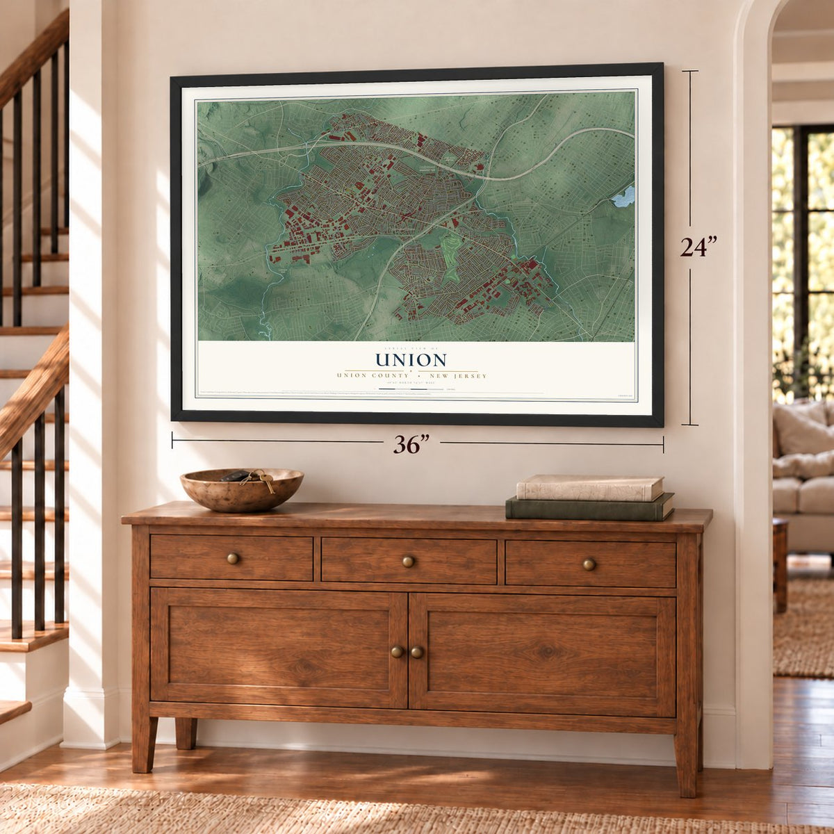 Union, Union County, New Jersey map, 24 x 36 inch print in a black frame above a dresser by a staircase