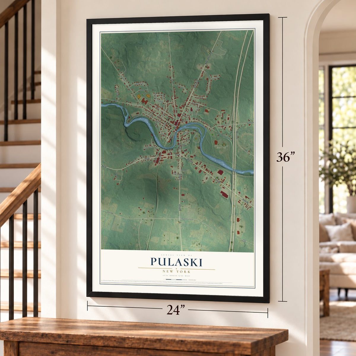 Pulaski, New York map, 24 x 36 inch print in a black frame by a staircase
