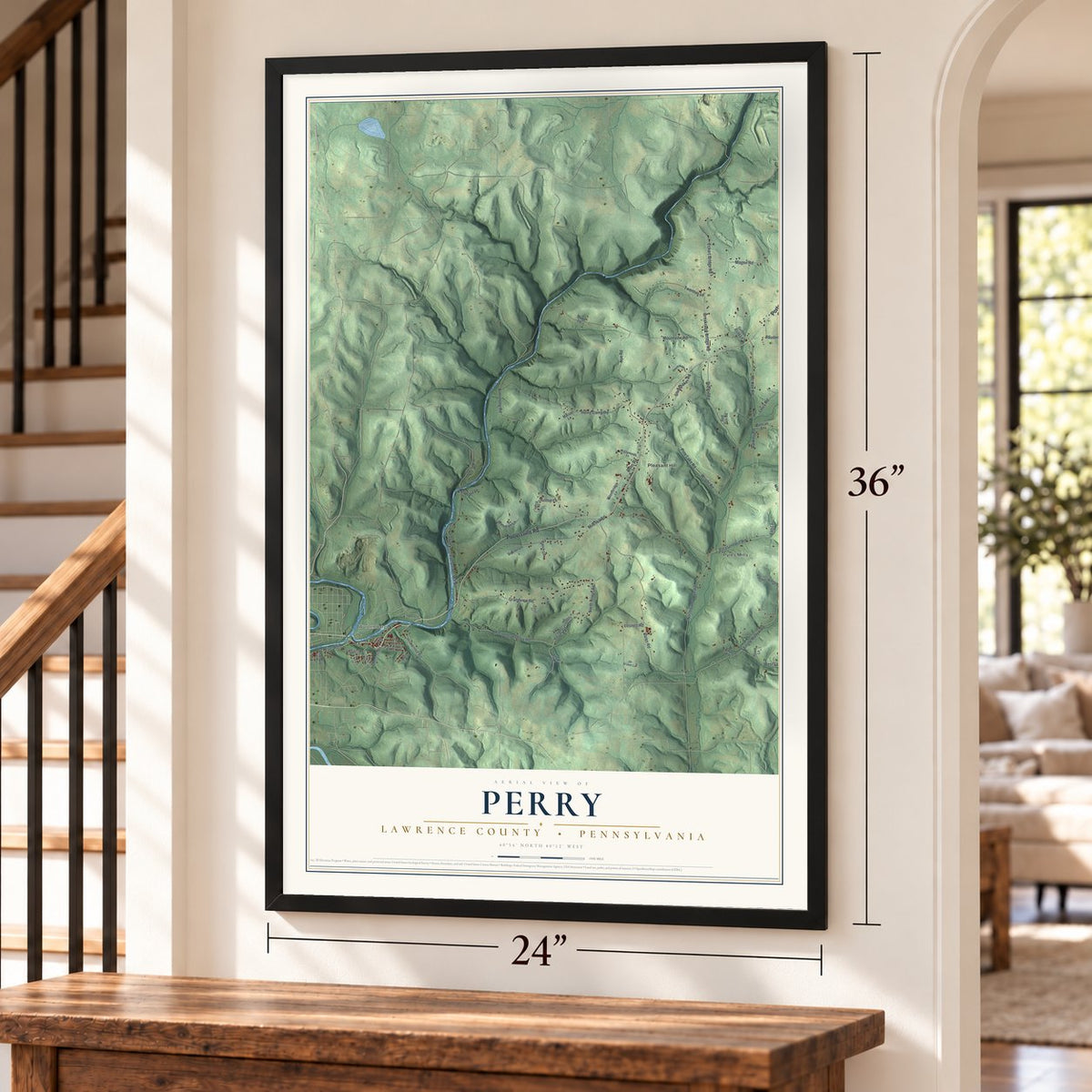 Perry, Lawrence County, Pennsylvania map, 24 x 36 inch print in a black frame by a staircase