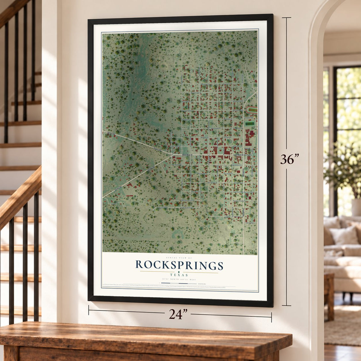 Rocksprings, Texas map, 24 x 36 inch print in a black frame by a staircase