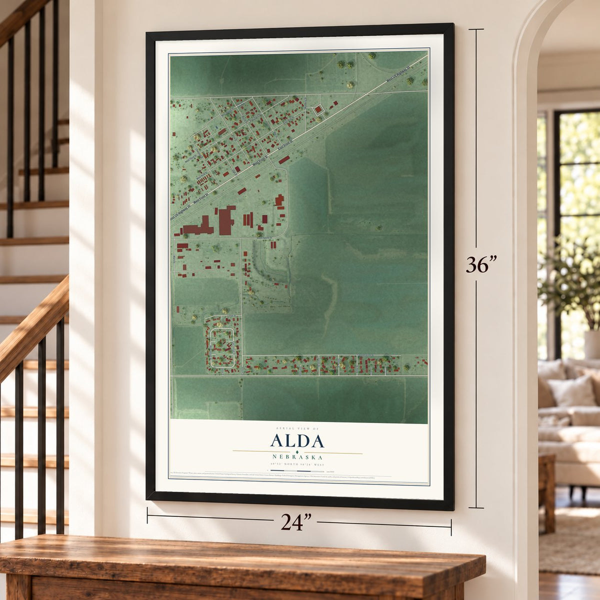 Alda, Nebraska map, 24 x 36 inch print in a black frame by a staircase