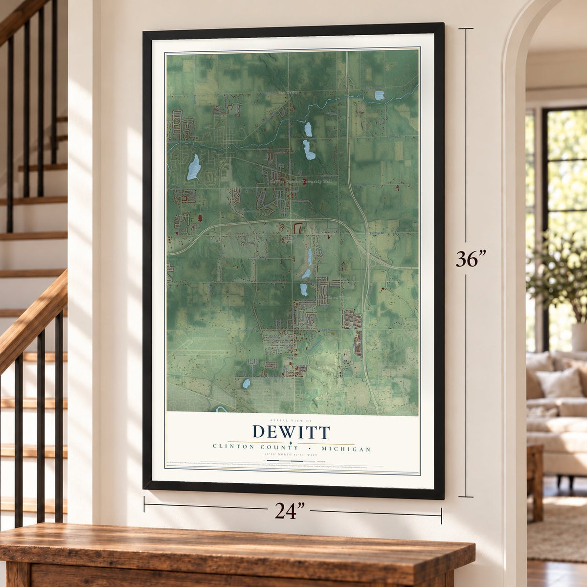 DeWitt, Clinton County, Michigan map, 24 x 36 inch print in a black frame by a staircase
