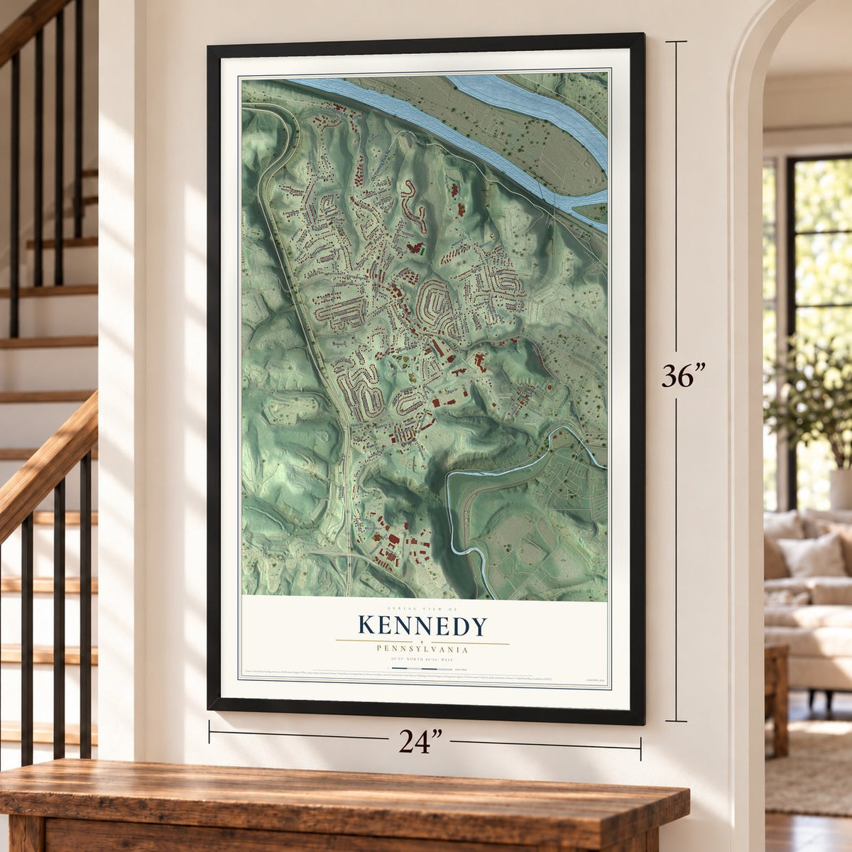 Kennedy, Pennsylvania map, 24 x 36 inch print in a black frame by a staircase