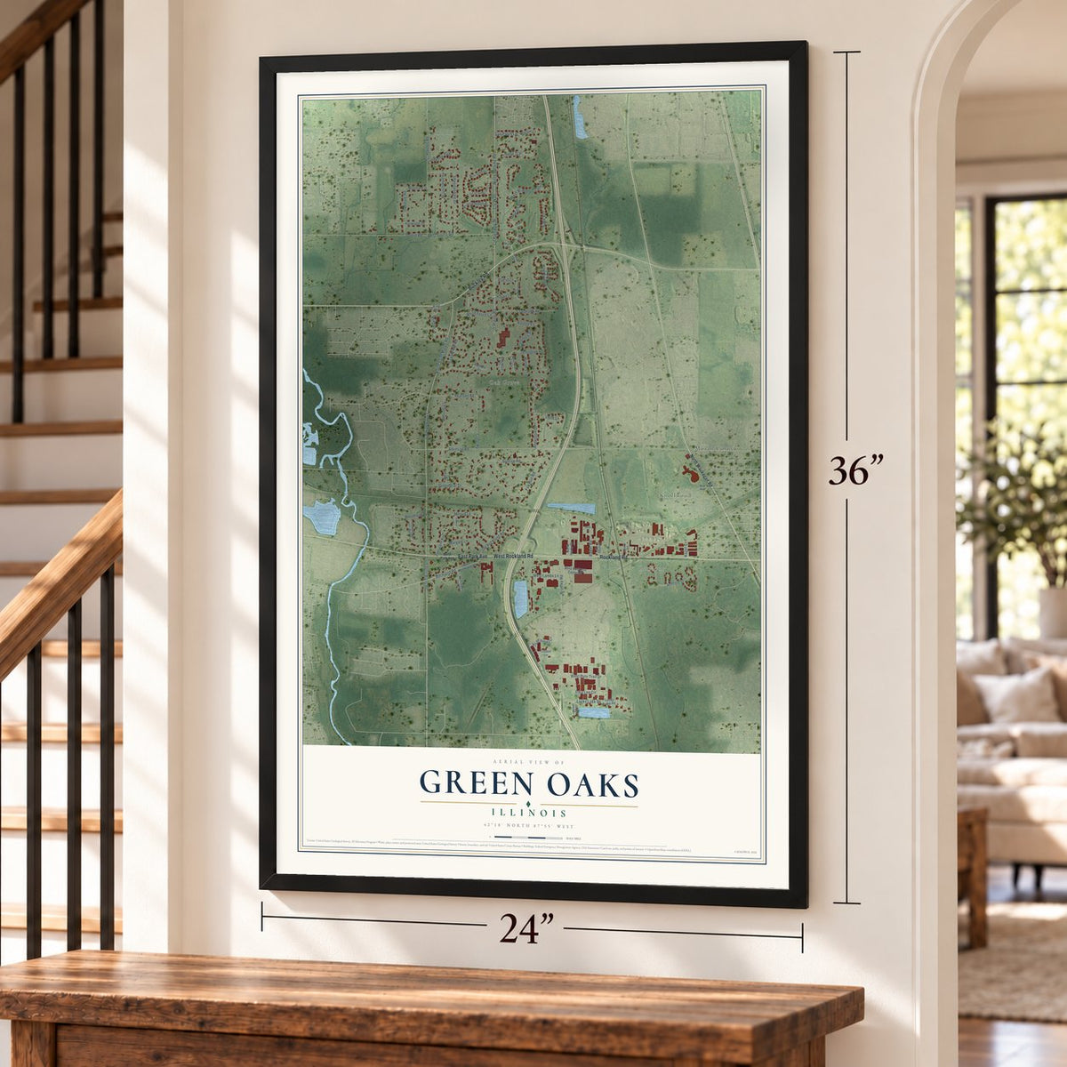 Green Oaks, Illinois map, 24 x 36 inch print in a black frame by a staircase