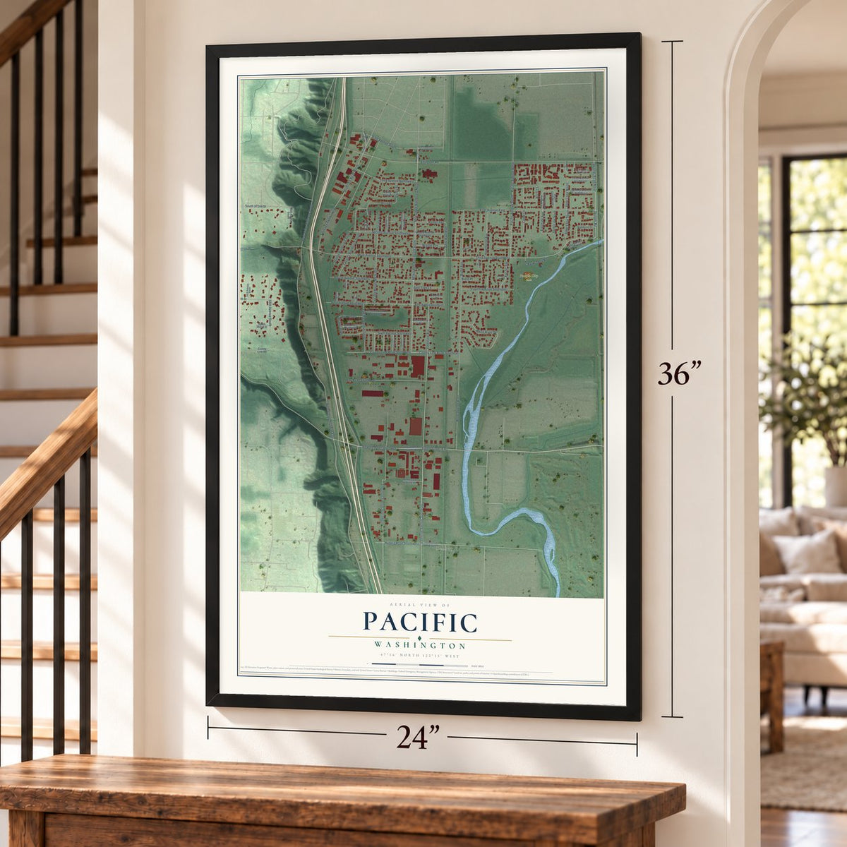 Pacific, Washington map, 24 x 36 inch print in a black frame by a staircase