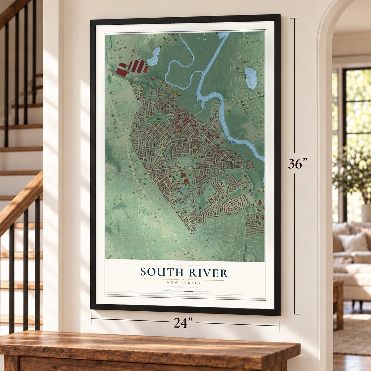 South River, New Jersey map, 24 x 36 inch print in a black frame by a staircase