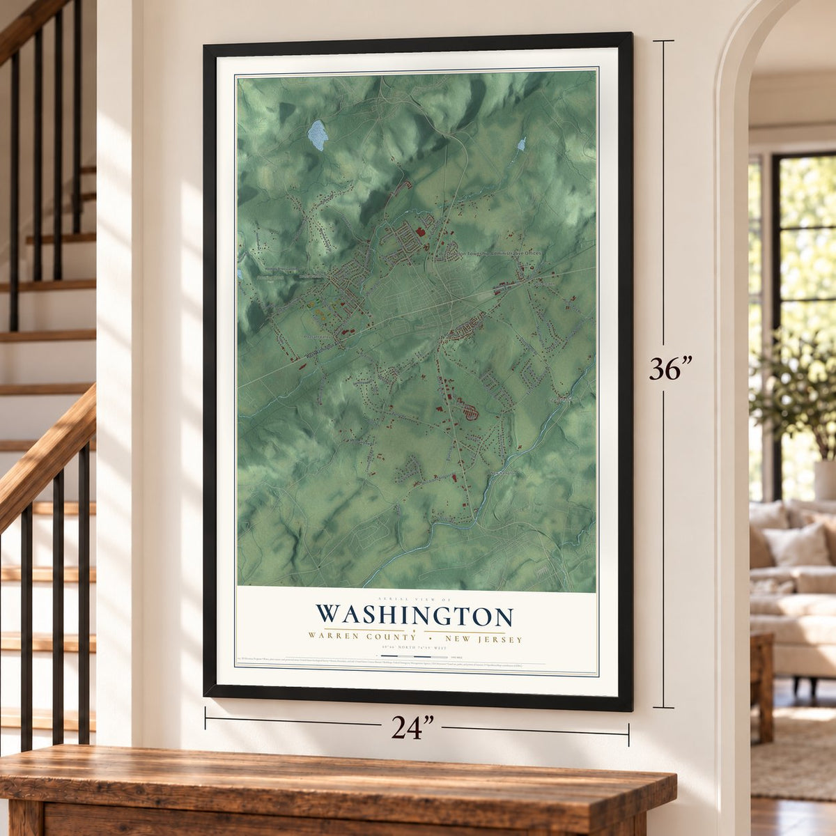 Washington, Warren County, New Jersey map, 24 x 36 inch print in a black frame by a staircase