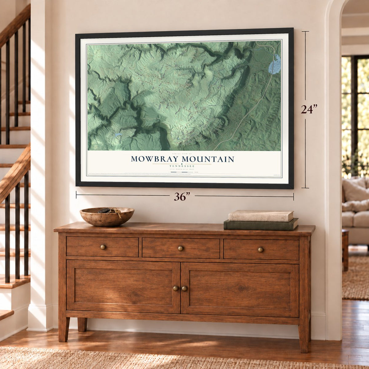 Mowbray Mountain, Tennessee map, 24 x 36 inch print in a black frame above a dresser by a staircase