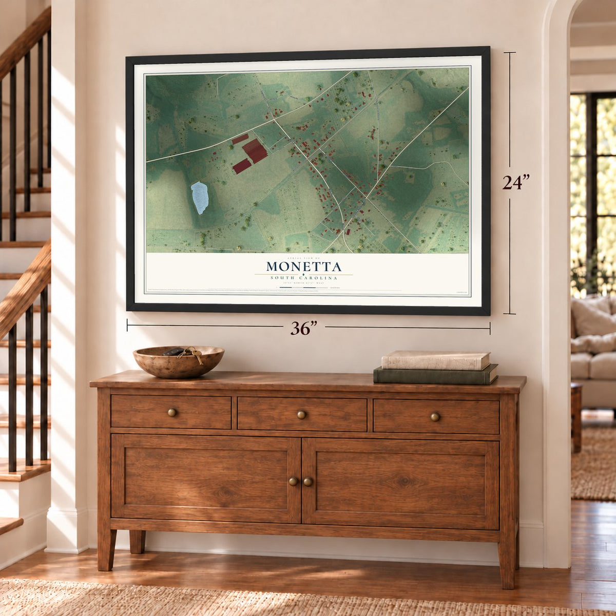 Monetta, South Carolina map, 24 x 36 inch print in a black frame above a dresser by a staircase