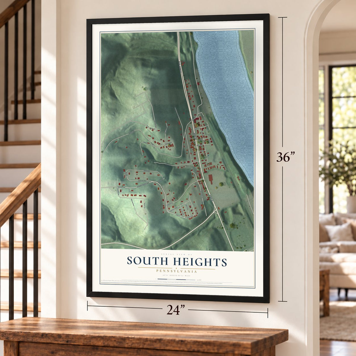 South Heights, Pennsylvania map, 24 x 36 inch print in a black frame by a staircase