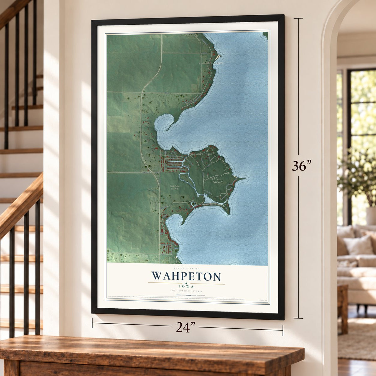 Wahpeton, Iowa map, 24 x 36 inch print in a black frame by a staircase