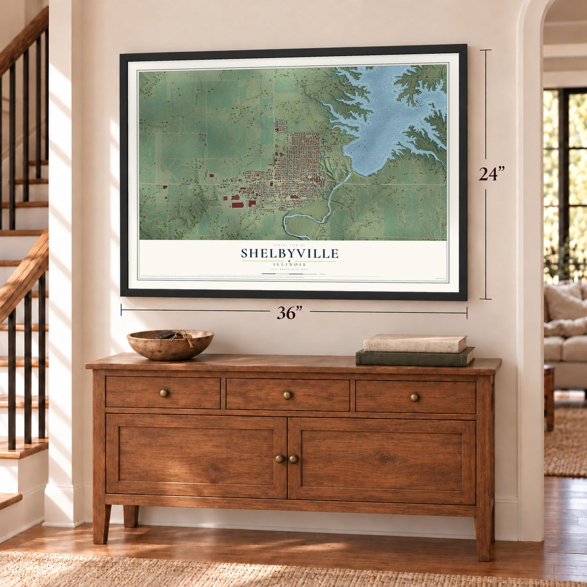Shelbyville, Illinois map, 24 x 36 inch print in a black frame above a dresser by a staircase