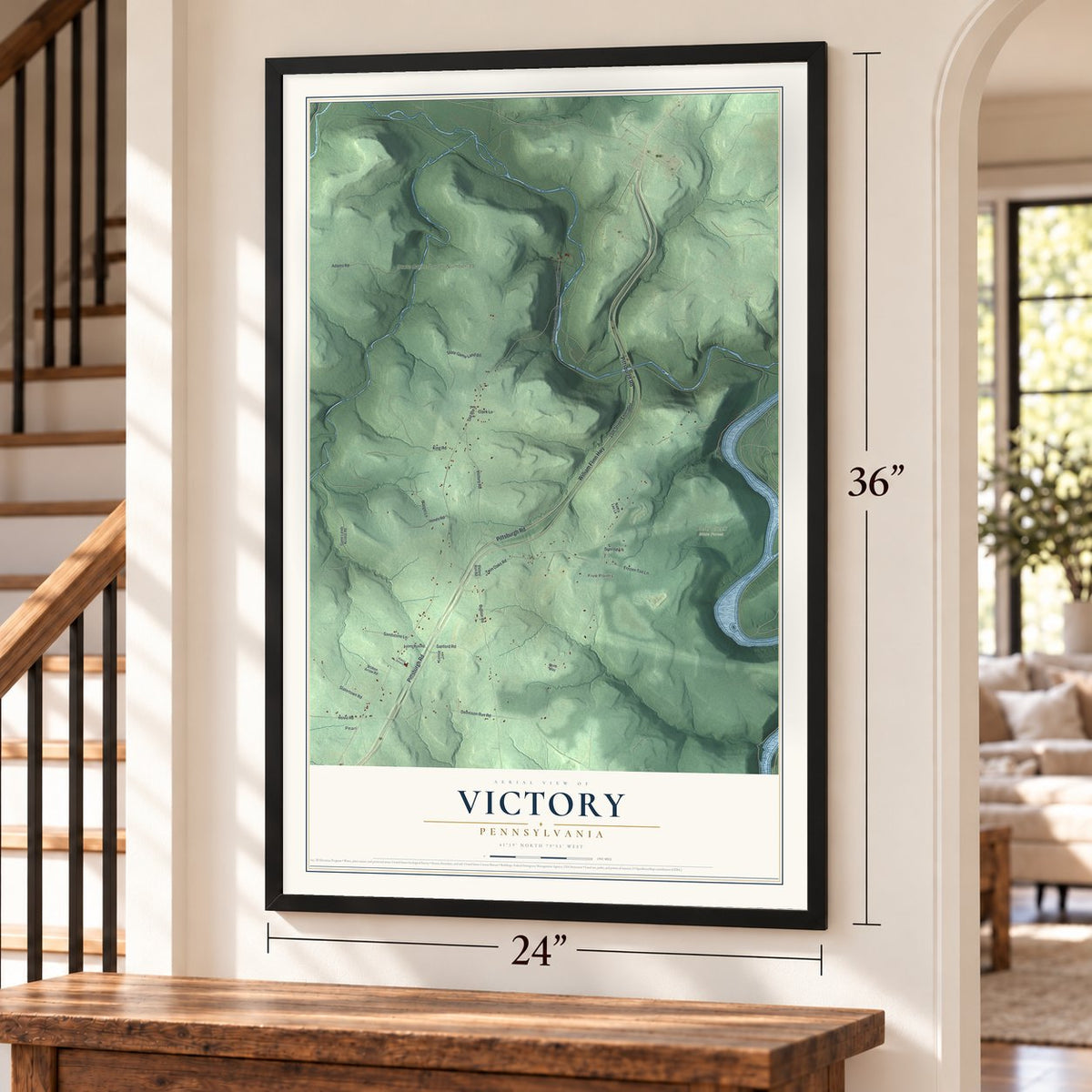 Victory, Pennsylvania map, 24 x 36 inch print in a black frame by a staircase