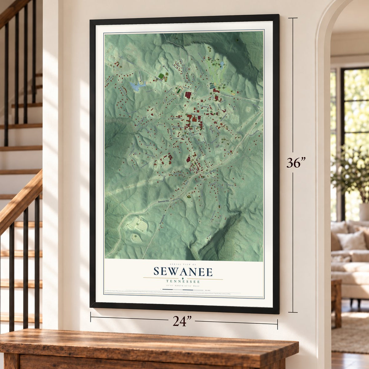 Sewanee, Tennessee map, 24 x 36 inch print in a black frame by a staircase
