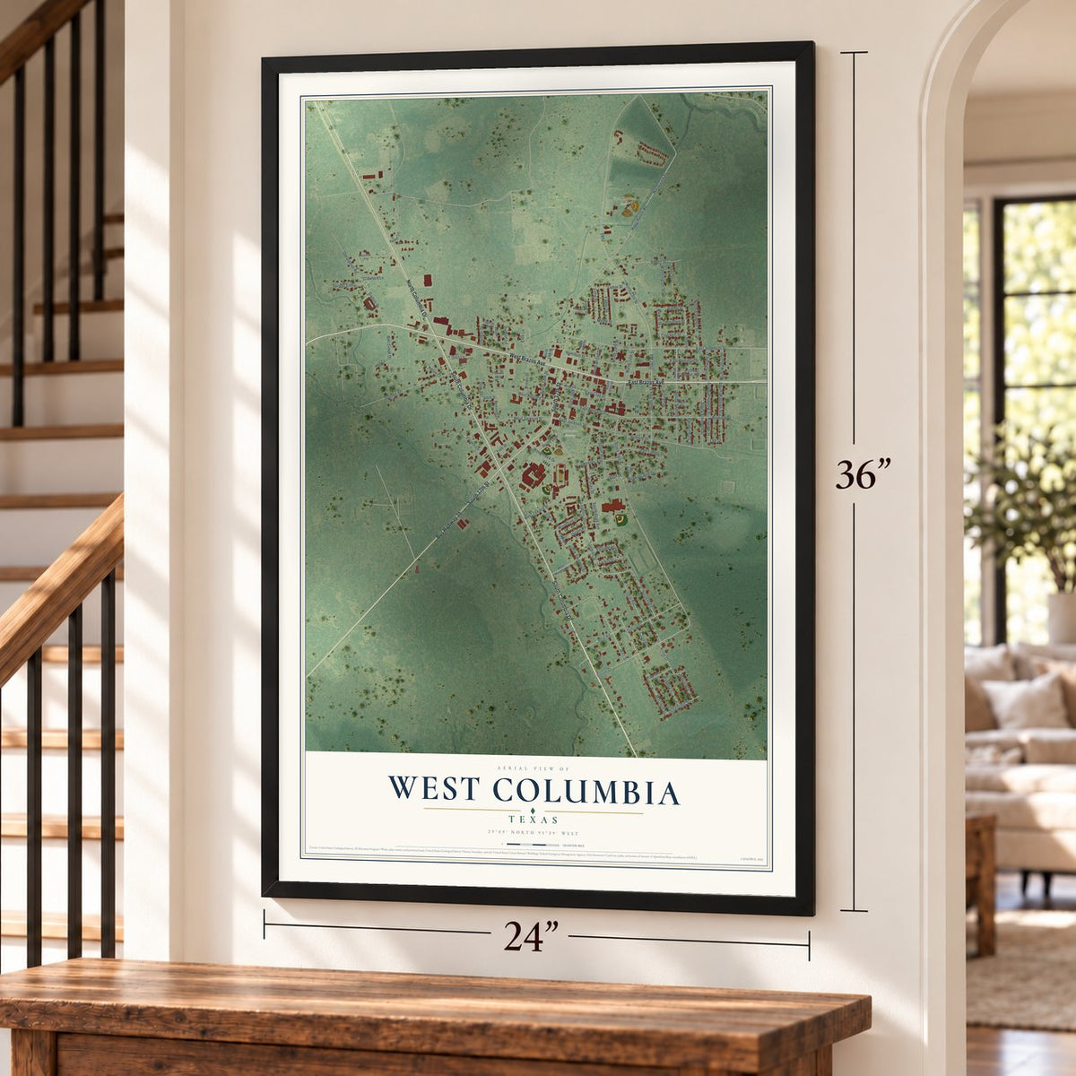 West Columbia, Texas map, 24 x 36 inch print in a black frame by a staircase