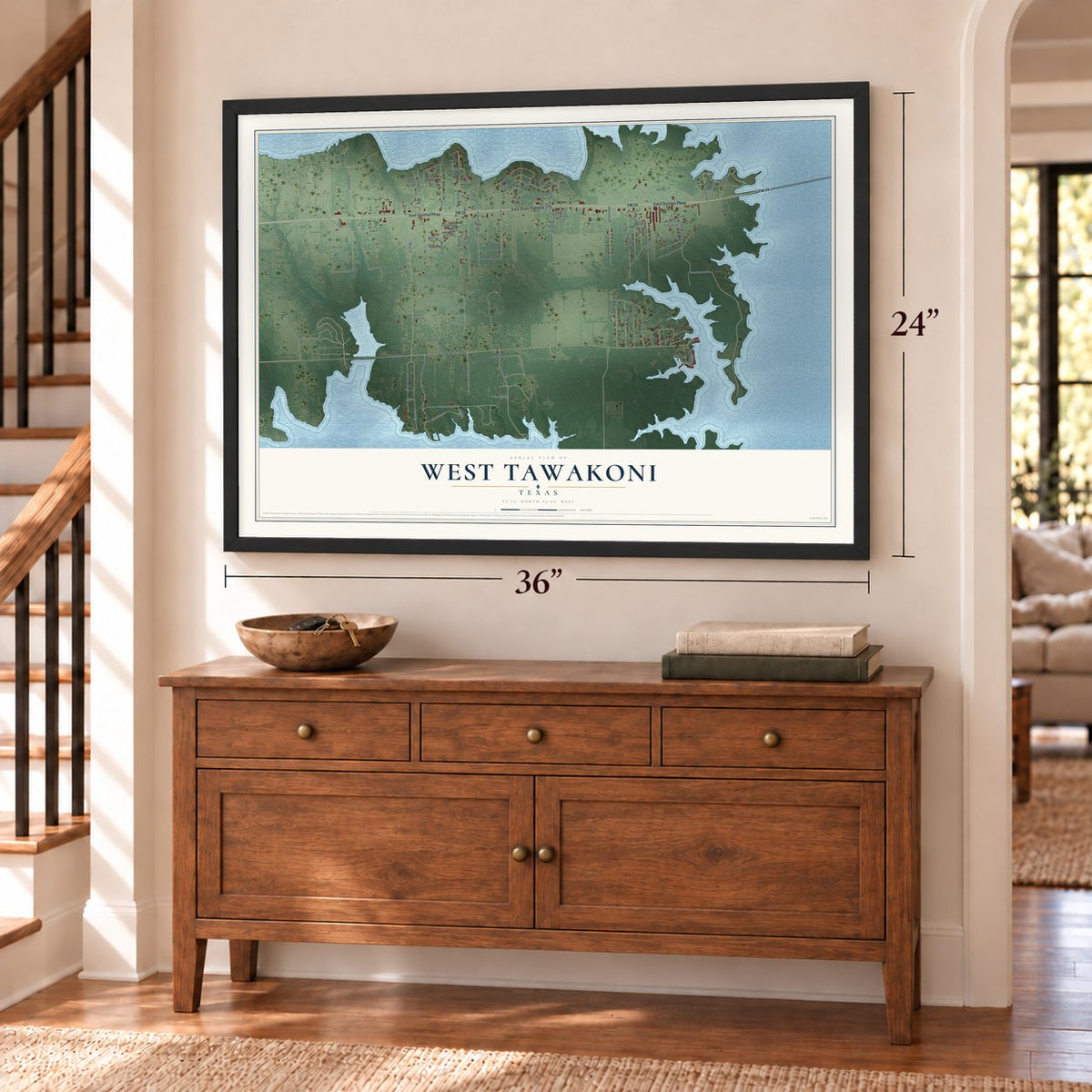 West Tawakoni, Texas map, 24 x 36 inch print in a black frame above a dresser by a staircase