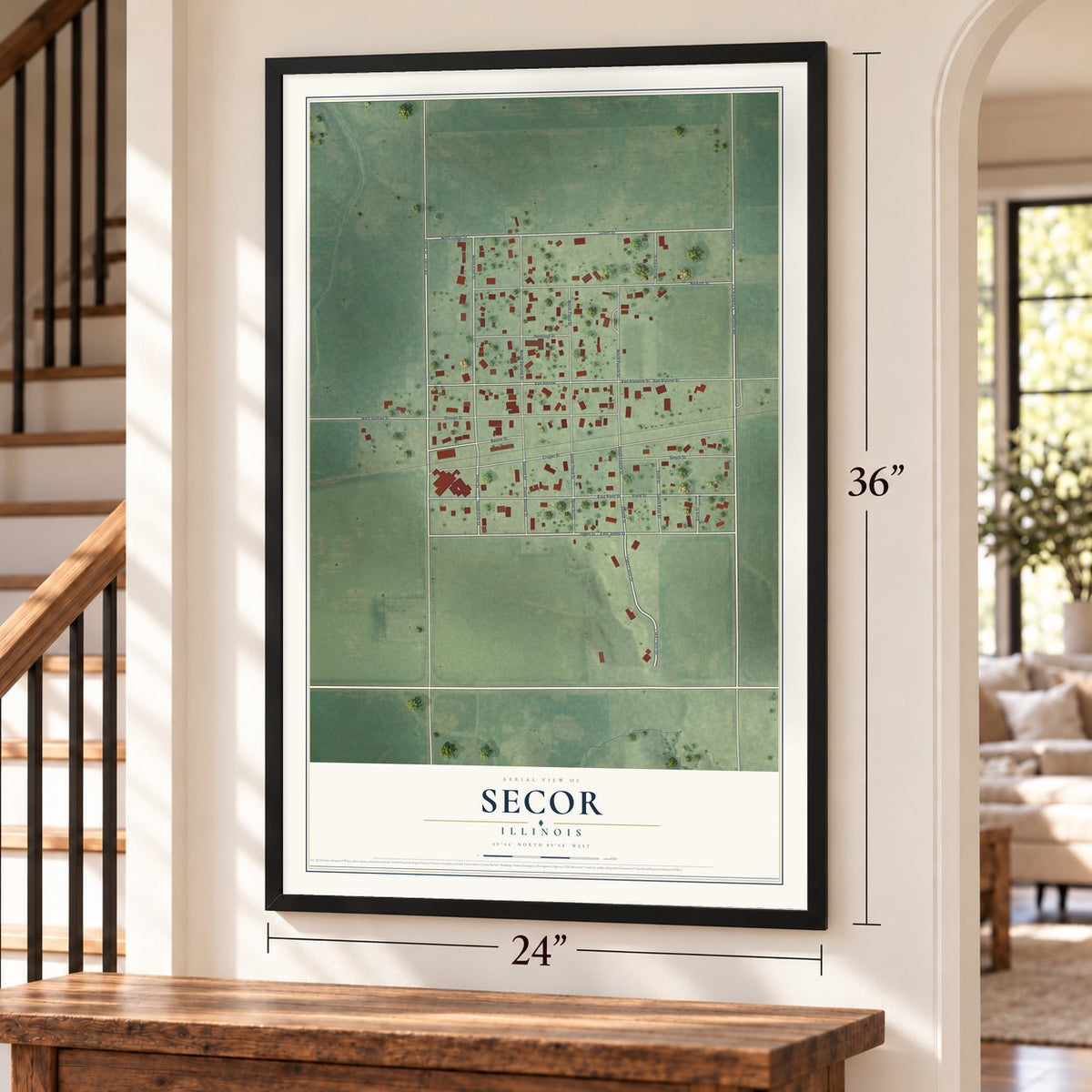 Secor, Illinois map, 24 x 36 inch print in a black frame by a staircase
