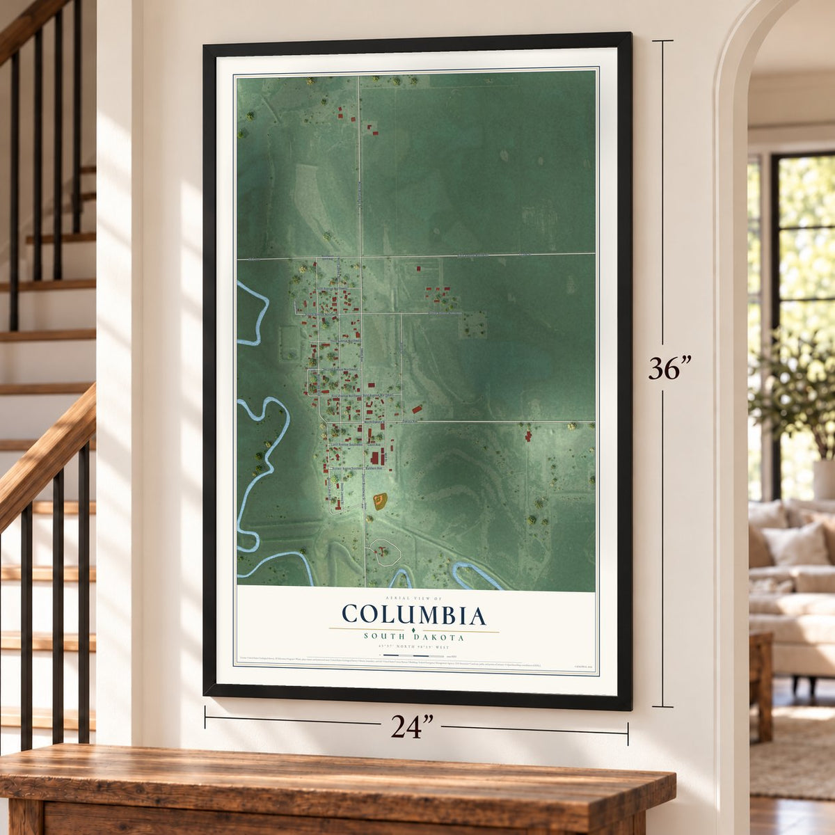 Columbia, South Dakota map, 24 x 36 inch print in a black frame by a staircase