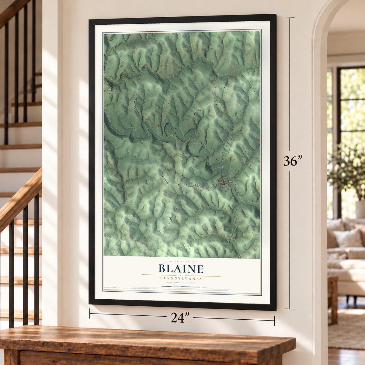 Blaine, Pennsylvania map, 24 x 36 inch print in a black frame by a staircase
