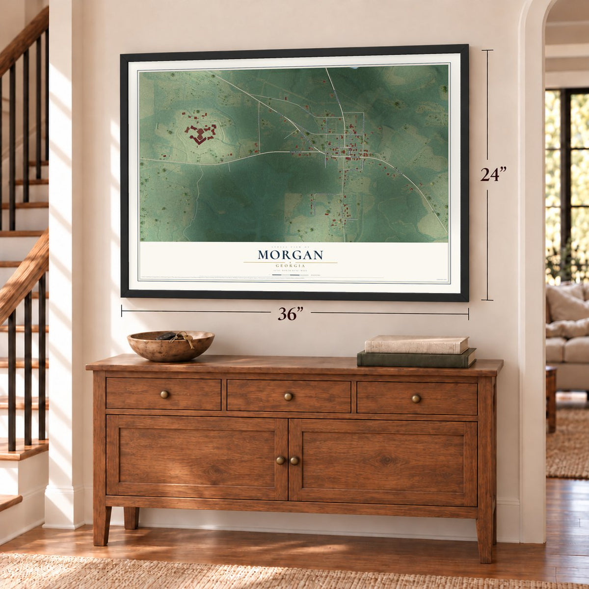 Morgan, Georgia map, 24 x 36 inch print in a black frame above a dresser by a staircase