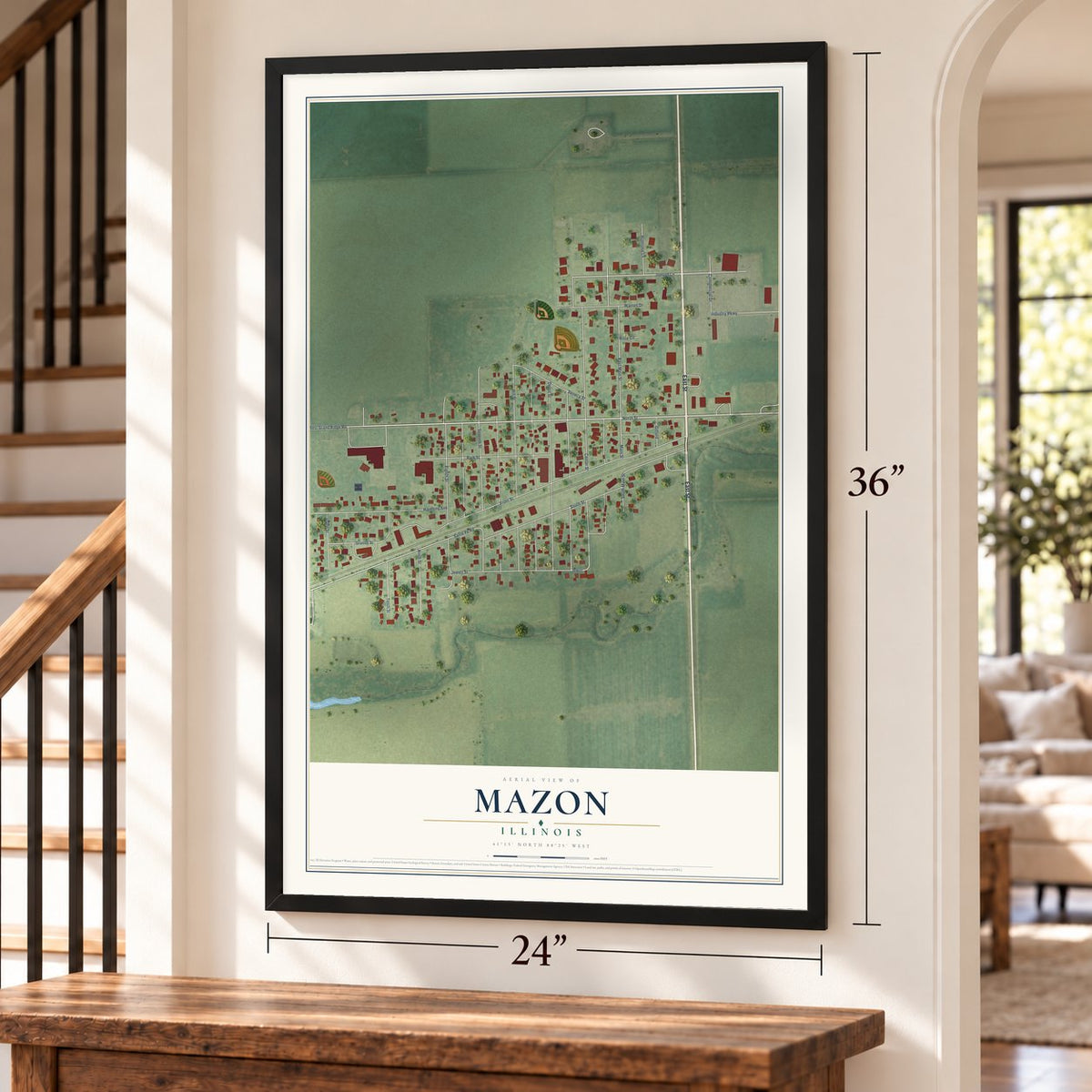 Mazon, Illinois map, 24 x 36 inch print in a black frame by a staircase