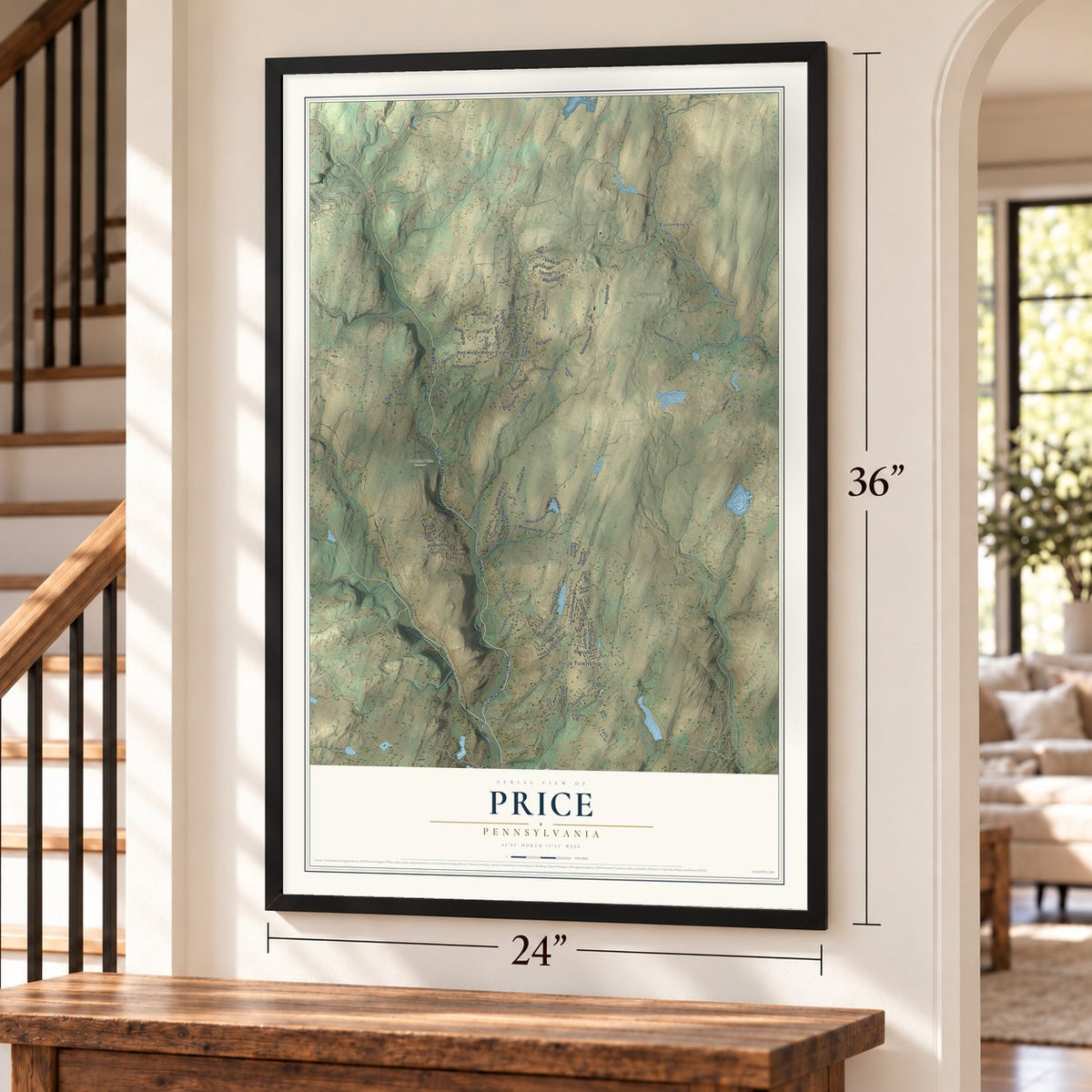 Price, Pennsylvania map, 24 x 36 inch print in a black frame by a staircase