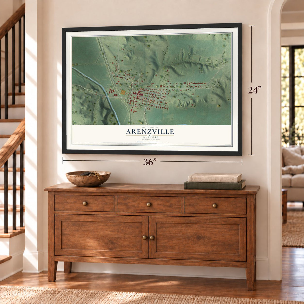 Arenzville, Illinois map, 24 x 36 inch print in a black frame above a dresser by a staircase