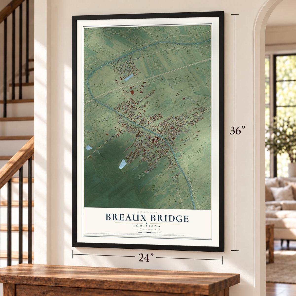 Breaux Bridge, Louisiana map, 24 x 36 inch print in a black frame by a staircase