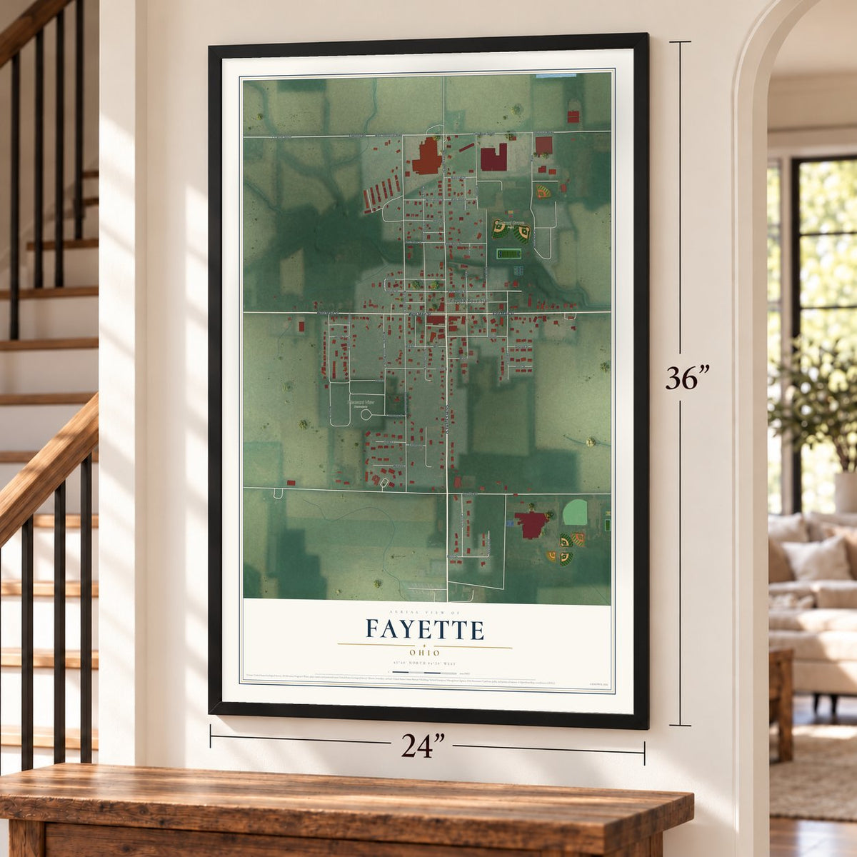 Fayette, Ohio map, 24 x 36 inch print in a black frame by a staircase