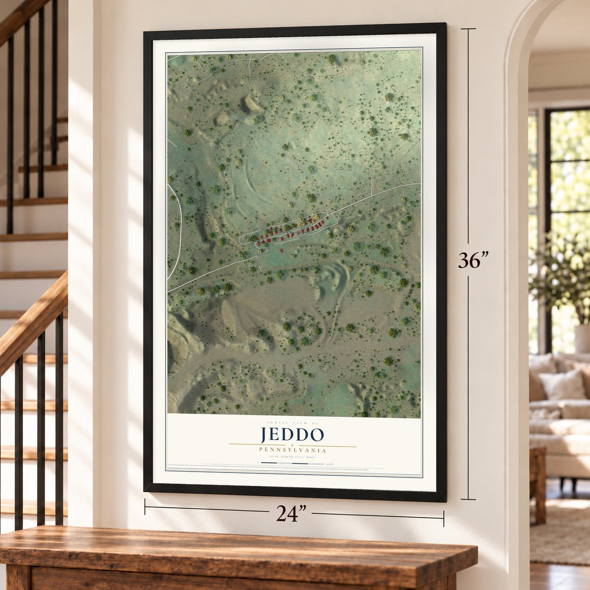 Jeddo, Pennsylvania map, 24 x 36 inch print in a black frame by a staircase